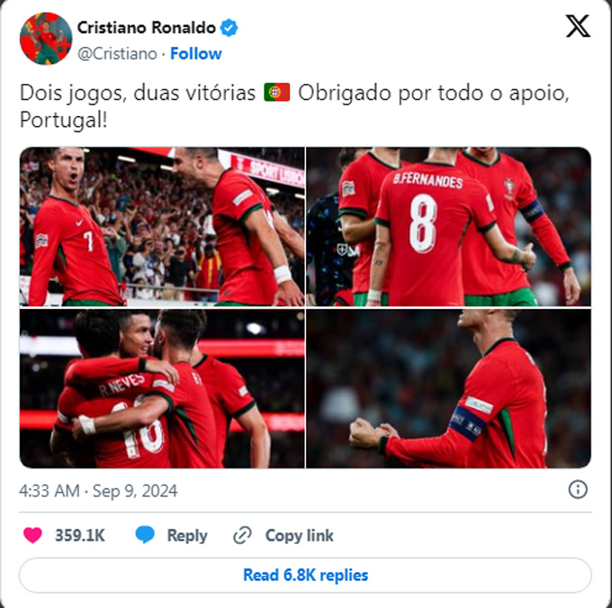 Ronaldo đăng thông điệp trên trang Twitter cá nhân